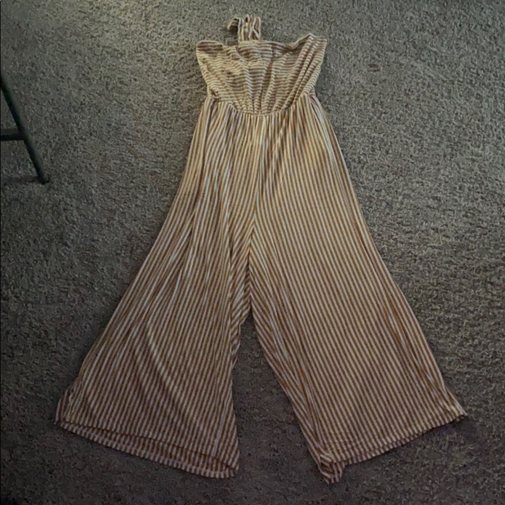 Mustard + cream striped open-back romper